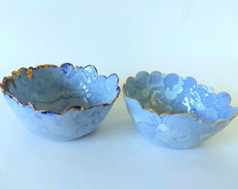 Set of 2 bowls, blue porcelain bowl, decorated 24K gold, mums gift, jewellery bowl, unique design, collectable pottery, real gold, hand made