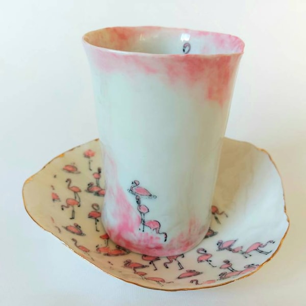 Plate and vase set, flamingo decorated ceramic vase, flamingo bowl, modern design, unique pottery, porcelain pot, white and pink set, gift