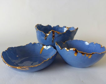 Set of 3 Blue ceramic bowls, hand made porcelain blue with gold(24k), unique ceramic design, pencil holder, ceramic serving bowl, blue bowl