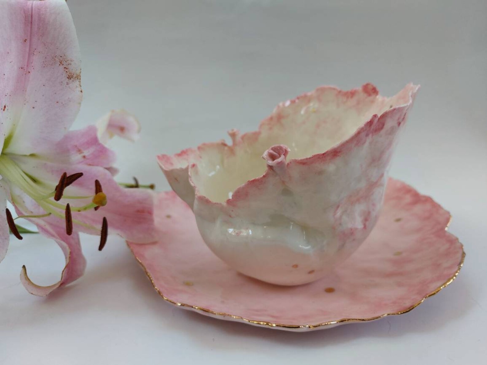 Pink and Gold Ceramic Set of Plate and Bowl Flower and Gold Etsy