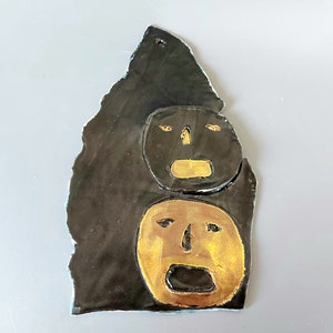 Ceramic abstract wall art decor, wall sculpture, ceramic wall design, decorative ceramic, heads sculpture, gold head, black face