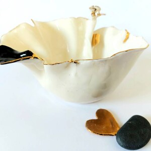 Handmade Black & White Ceramic Bowl: 24K Gold Luster Porcelain Jewelry Dish