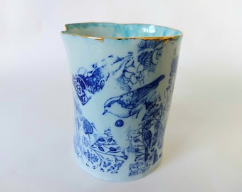 Exclusive ceramic vase, decorative pottery, blue flower, blue bird, modern design of unique pottery, hand made porcelain, blue cup, blue mug