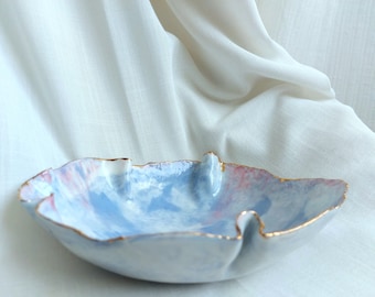 Blue and pink Modern centerpiece, ceramic porcelain plate decorated with gold luster(24k), white ceramic, gold pottery, hand made ceramic