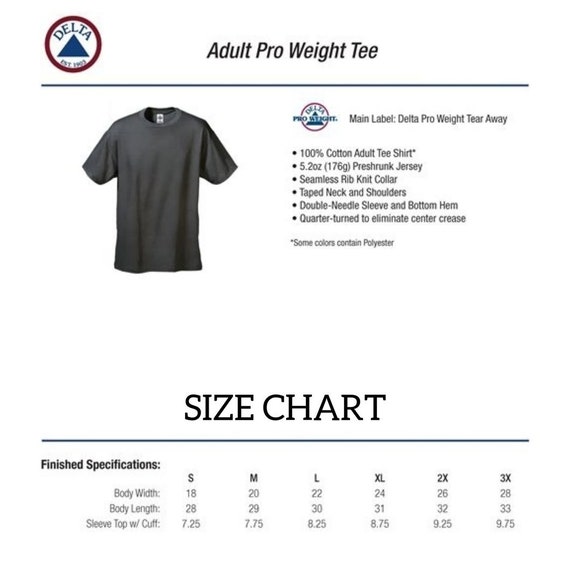 Delta Pro Weight Shirt Size Chart