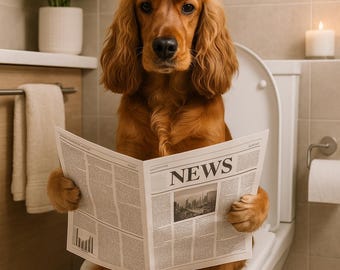 Funny Dog Toilet Print – Cocker Spaniel Reading Newspaper – Quirky Bathroom Humor Wall Decor