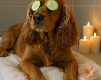 Relaxing Dog Spa Print – Funny Cocker Spaniel Wall Art with Cucumbers – Cute Pet Decor for Bathroom
