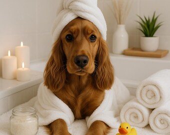 Pampered Pup Bathroom Print – Adorable Cocker Spaniel in Towel & Robe – Cozy Dog Spa Wall Art