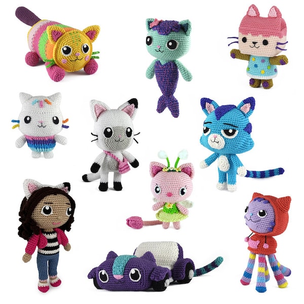 Set van 10 haakpatronen voor Gabby's Poppenhuis amigurumi - cakey - carlita - dj kattenkruid - kitty fee - pandy poek - kussenkat - doerak