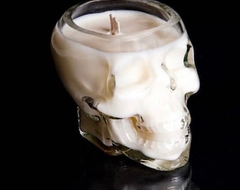 Skull Soy Candle, spooky Halloween 11 ounce pressed cotton wick in glass jar