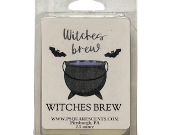 May include: A clear plastic clamshell package containing wax melts with a label featuring the text Witches brew, a black cauldron illustration with purple liquid, two black bats, and the text WITCHES BREW, WWW.PSQUARESCENTS.COM, Pittsburgh, PA, 71 grams.