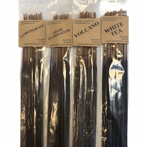 May include: Four packages of incense sticks with different scents: Lemongrass, Odor Eliminator, Volcano, and White Tea. Each package has a brown label with the scent name and the company name, PSquare Scents LLC, Pittsburgh, PA. The incense sticks are brown and black.