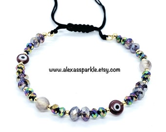 Purple agate, crystal, evil eye bracelet - Pulsera de agata, cristal y ojo turco morado (purpura)