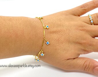 Blue Evil Eye Stars Gold Filled Bracelet - Anklet - Pulsera - Tobillera Estrellas de Ojo de Chapa