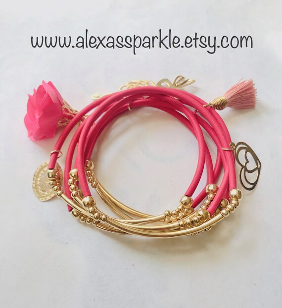 Pink Rubber Bracelet Set with gold plated charms Semanario Etsy