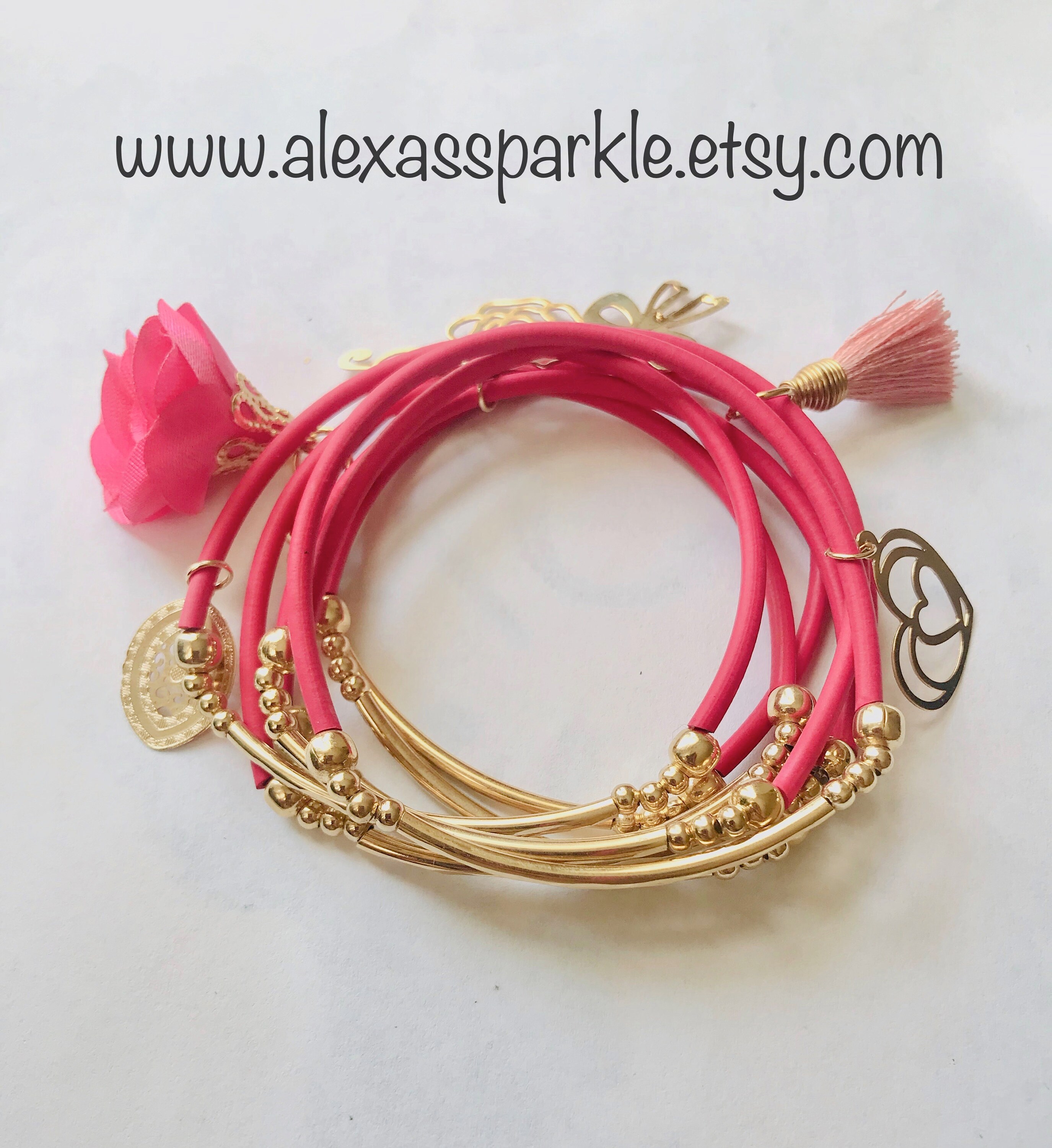 Pink Rubber Bracelet Set with gold plated charms Semanario Etsy