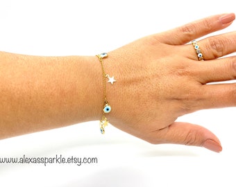 White Blue Evil Eye Charms Gold Filled Bracelet - Anklet - Pulsera - Tobillera con Dijes de Ojo Blanco Azul