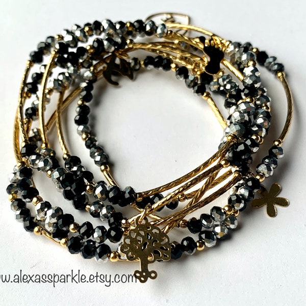 Black Silver duo Crystal Bracelet Set with charms - Semanario pulseras negras plateado con dijes