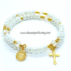 White Catholic Rosary Bracelet, Crystal Rosary Bracelet, Catholic Jewelry, Memory Rosary Bracelet, Pulsera Rosario Blanca,