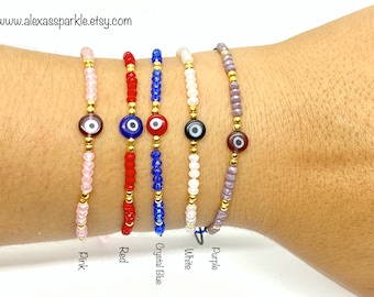 Dainty Evil Eye Bracelet: Crystal Beads, Adjustable Spiritual Jewelry Minimalist Gift