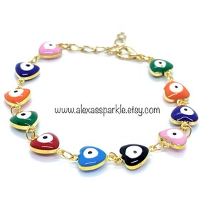 Evil eye Multi-color Heart Gold Filled Bracelet Anklet Pulsera Tobillera Corazon Ojo Multicolor image 2