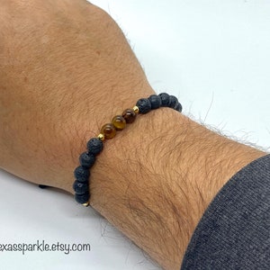 Three Tigers Eye and Volcanic Lava Beads Amulet Bracelet Unisex- Pulsera Amuleto Triple Ojo de Tigre y Piedra Volcanica Unisex