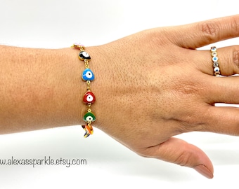 Evil eye Multi-color Heart Gold Filled Bracelet- Anklet - Pulsera - Tobillera Corazon Ojo Multicolor