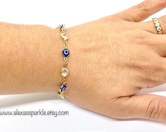 Blue Evil Eye and Crystal Gold Filled Bracelet - Anklet - Pulsera - Tobillera de Chapa Ojo Azul y Cristal