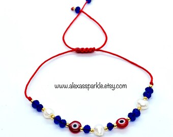 Evil Eye Pearl and Blue Beads Protection Thread Bracelet - Pulsera de Proteccion para Mal de Ojo con Cuentas Azul y Perlas