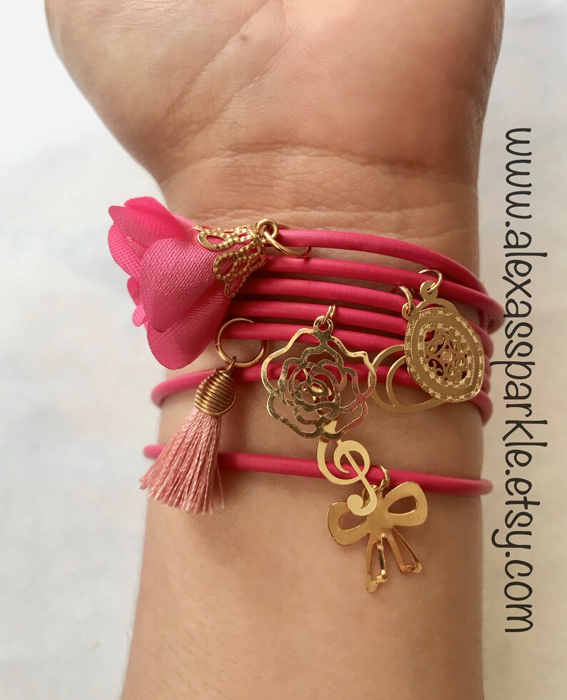 Pink Rubber Bracelet Set with gold plated charms Semanario Etsy