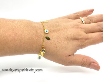 Multi-Color Evil Eye Charms Gold Filled Bracelet - Anklet - Pulsera - Tobillera de Cadena con Dijes de Ojo Multicolor de Chapa