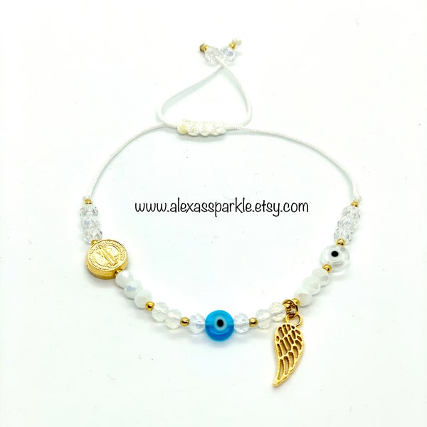 White Evil Eye St. Benedict and Wing Thread Bracelet - Pulsera Mal de Ojo Blanca con San Benito y Ala