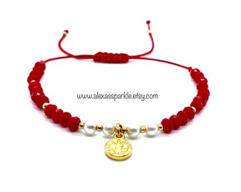 Saint Benedict Bracelet: Red Crystal Beads, White Faux Pearls