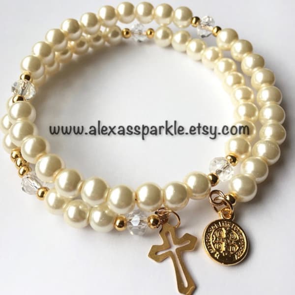 Catholic Rosary Pearl Bracelet / Pulsera Rosario Catolico de Perlas