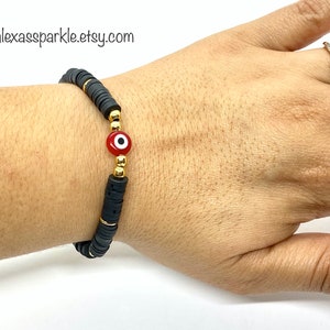 Evil Eye Black Polymer Clay Beaded Bracelet, Heishi Inspired - Pulsera Mal de Ojo Color Negra Arcilla Polimerica, Inspirada en Heishi