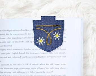 Marcapáginas magnético plegable ITH 4x4 Denim Daisy, para bordado en bastidor, archivo para bordado a máquina, descarga instantánea (descarga digital).