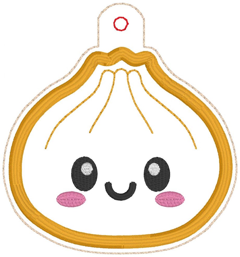 May include: An embroidered patch shaped like a dumpling with a golden yellow outline, a white center, and a smiling face. The face features two large black oval eyes with white highlights, a black curved mouth, and two small pink oval cheeks.