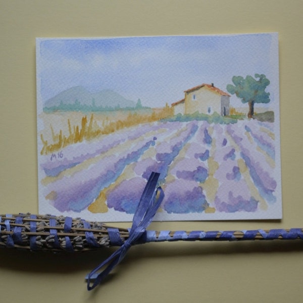 Champs de lavandes en Provence, France, aquarelle Original peinture, aquarelle, provence d
