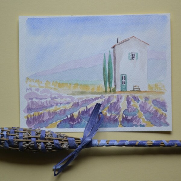 Champs de lavandes en Provence, peinture originale, aquarelle