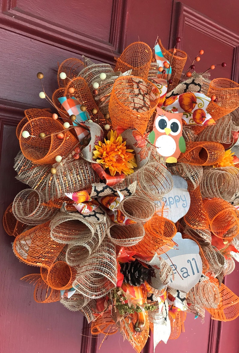 Front Door hanger FREE SHIPPING Fall Decor Happy Fall Deco-mesh wreath; Owl Decor