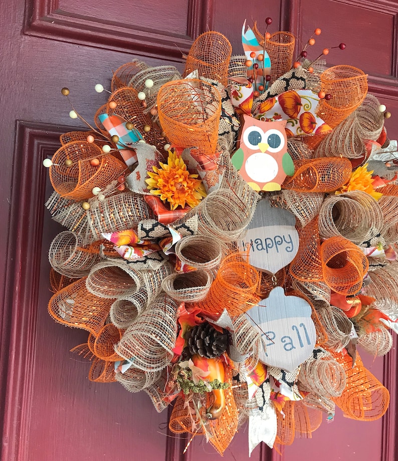 Front Door hanger FREE SHIPPING Fall Decor Happy Fall Deco-mesh wreath; Owl Decor
