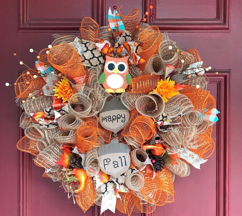 Front Door hanger FREE SHIPPING Fall Decor Happy Fall Deco-mesh wreath; Owl Decor