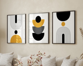Modern Printable Wall Art, Set of 3 Posters and Prints Digital Download, Mustard Yellow & Black Triptych Artwork for Living Room, Bedroom