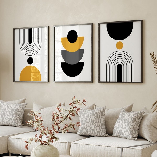 Modern Printable Wall Art, Set of 3 Posters and Prints Digital Download, Mustard Yellow & Black Triptych Artwork for Living Room, Bedroom