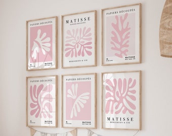 Rosa Henri Matisse galleriväggkonst set om 6, Matisse digitala affischer och tryck, pastellrosa väggkonst för flickrum, preppy lägenhetskonst