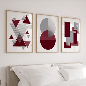 Set of 3 Digital Prints in Dark Red & Silver, Printable Triptych Wall Art, 3 Piece Wall Art, Scandinavian Prints, Living Room Posters Set