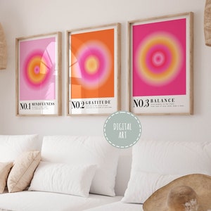 Art mural Aura imprimable en rose et orange, lot de 3 affiches inspirantes en téléchargement numérique, impressions preppy colorées tendance, décoration d'appartement