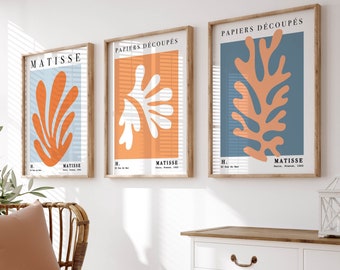 Juego de 3 láminas de Matisse - Descarga digital, arte mural imprimible colorido en naranja y azul, pósteres modernos para sala de estar, tríptico para dormitorio