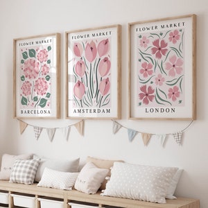 Lot de 3 impressions marché aux fleurs en vieux rose, salon d'art mural floral imprimable en 3 pièces, art mural galerie rétro en téléchargement numérique, cadeau