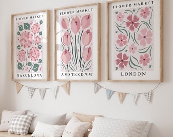 Set of 3  Flower Market Prints in Dusty Pink, 3 Piece Floral Printable Wall Art Living Room, Retro Gallery Wall Art Digital Download, Gift